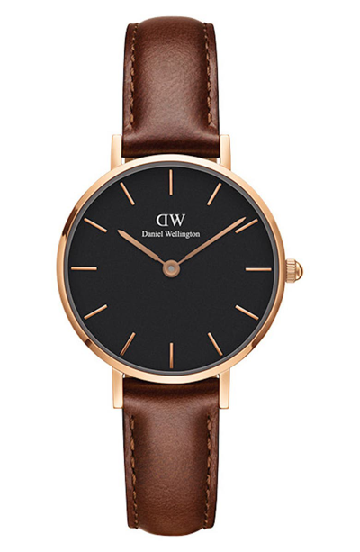 Daniel Wellington 28mm Classic Petite St Mawes Watch W/ Leather Strap, Black In Black/brown