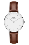 Daniel Wellington Classic Petite Leather Strap Watch, 32mm In Brown/ White/ Silver