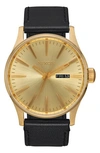 Nixon Men's Sentry Leather Strap Watch 42mm A105 In Black/ Gold