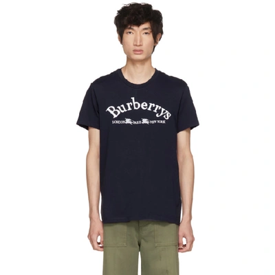 Burberry Navy Embroidered Logo T-shirt In Navy