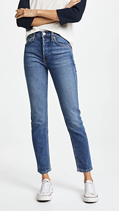 Re/done 90s Comfort Stretch High-rise Ankle Crop Skinny Jeans In Indigo Stone Wash