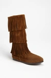 Minnetonka 3-layer Fringe Boot In Dusty Brown Suede