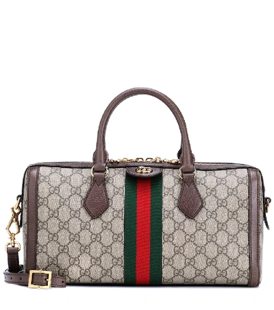 Gucci Ophidia 纹理皮革边饰印花涂层帆布手提包 In Beige