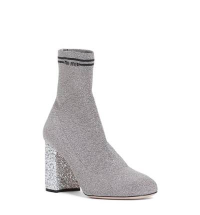 Miu Miu Glitter Heel Lurex Sock Boots In Cromo Nero