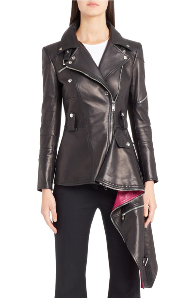 Alexander Mcqueen Zip-front Leather Biker Jacket W/ Contrast Asymmetric Hem In Black