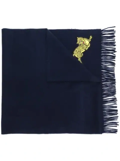 Kenzo Jumping Tiger刺绣羊毛围巾 In Blue