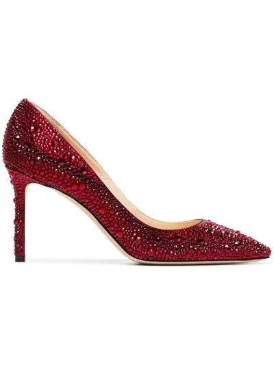 Jimmy Choo Romy 85 Red Crystal Covered Pointy Toe Pumps