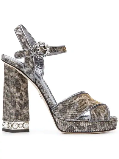 Dolce & Gabbana Leopard Print Lurex Keira Sandals In Silver,gold