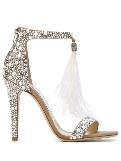 Jimmy Choo Viola 110 White Suede And Hot Fix Crystal Embellished Sandals With An Ostrich Feather Tassel