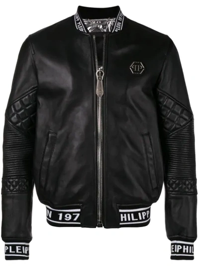 Philipp Plein Leather Jacket With Logo Elastic In Black