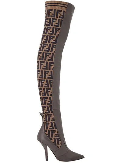 Fendi Rockoko Logo-jacquard Stretch-knit And Leather Over-the-knee Boots In Ebano+tabacco Nero