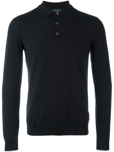 Zanone Long Sleeve Polo Shirt In Blue In Black