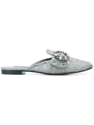 Dolce & Gabbana Embellished Lace Mules In Grey