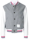 THOM BROWNE THOM BROWNE BUTTON FRONT MELTON WOOL VARSITY JACKET - GREY