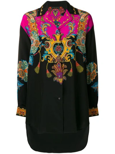 Etro Button-front Long-sleeve Damask-print Silk Blouse In Black