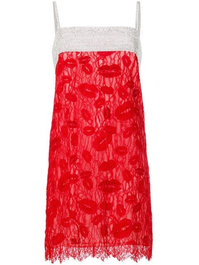 Nina Ricci Crystals & Lace Dress In Red