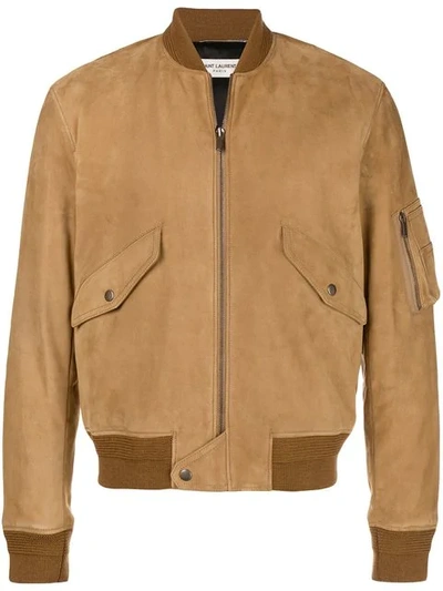 Saint Laurent Zipped Bomber Jacket In Brown