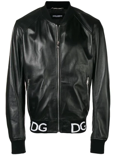 Dolce & Gabbana Logo-trim Leather Bomber Jacket In Black