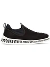 MIU MIU black and white jewelled stretch logo sneakers
