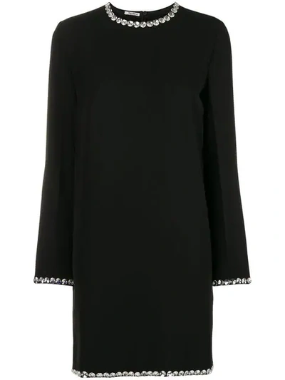 Miu Miu Jewel-neck Long-sleeve A-line Crepe Mini Dress W/ Embellishments In Black