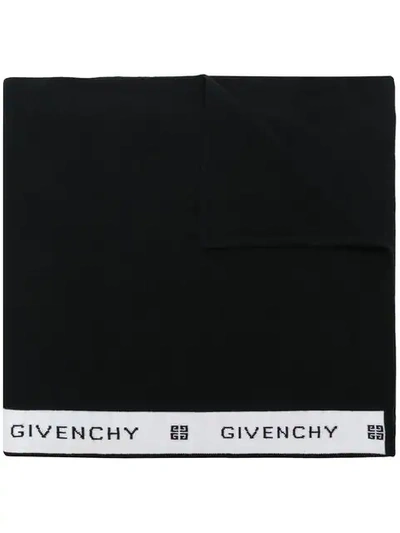 Givenchy Logo嵌花条纹羊毛围巾 In Black