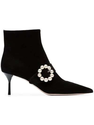 Miu Miu Faux Pearl-embellished Suede Ankle Boots In Black