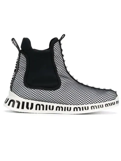 Miu Miu Crystal-embellished Mesh And Neoprene High-top Sneakers In White/black