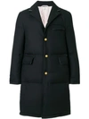 THOM BROWNE THOM BROWNE CENTER-BACK ENGINEERED STRIPE DOWN-FILLED CLASSIC CHESTERFIELD OVERCOAT - BLUE