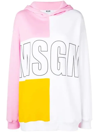 Msgm Logo拼色全棉连帽衫 - 白色 In Pink/white/yellow
