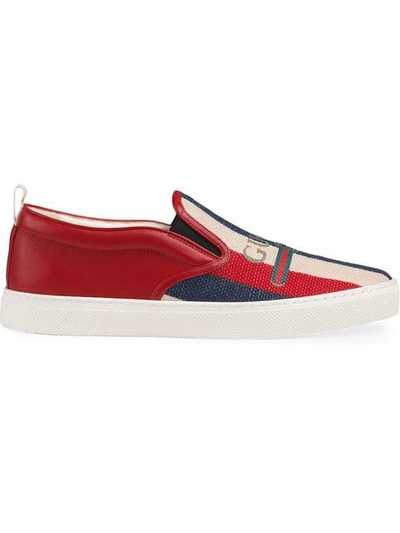 Gucci 标识条纹织带套脚运动鞋 In White/ Red