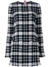 THOM BROWNE FRAYED THOM BROWNE TARTAN MINI SHIFT DRESS IN LIGHTWEIGHT TWEED