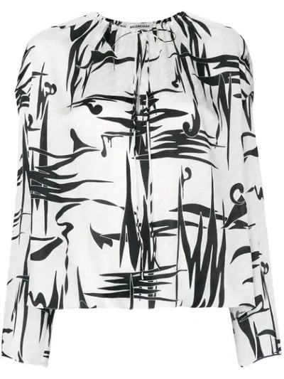 Balenciaga Abstract-print Logo Jacquard Silk Blouse In White