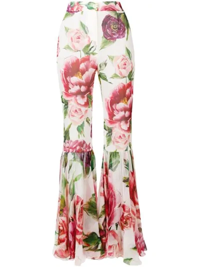 Dolce & Gabbana Floral Stretch Silk Crepe Flared Trousers In White