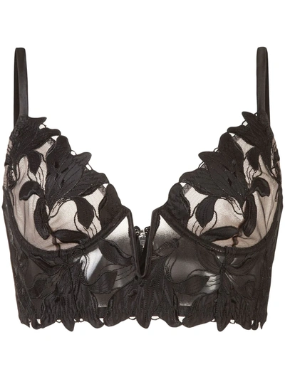 Fleur Du Mal Black Lily Embroidery Longline Demi Bra