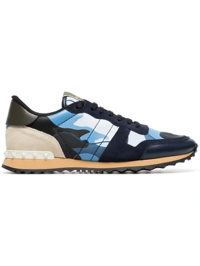 Valentino Garavani Rockrunner Camouflage Low-top Leather Trainers In Blue