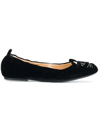 Charlotte Olympia Kitten Embroided Ballerina Shoes In Black