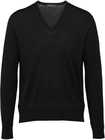 Prada Virgin Wool V Neck Sweater In Black