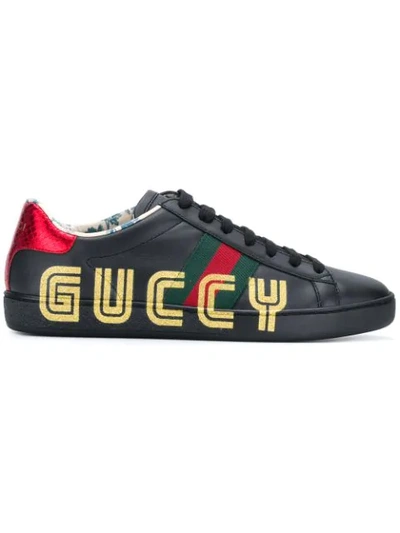 Gucci New Ace Guccy Leather Trainer In Black