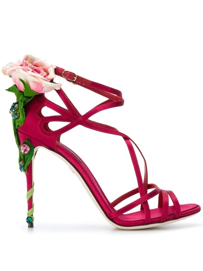 Dolce & Gabbana Keira Rose-applique Satin Stiletto Sandals In Red