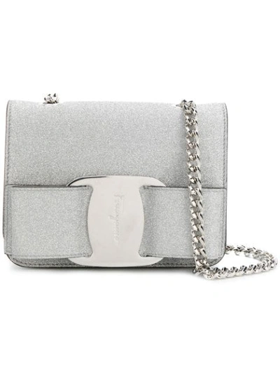 Ferragamo Mini Vara Bow Glitter Leather Crossbody Bag In Grey
