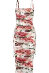 DOLCE & GABBANA LACE-UP RUCHED FLORAL-PRINT COTTON AND SILK-BLEND TULLE MIDI DRESS