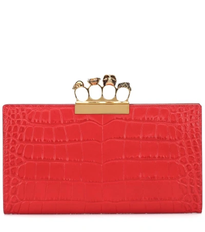 Alexander Mcqueen Four-ring Knuckle Clasp Croc Embossed Leather Clutch In Red