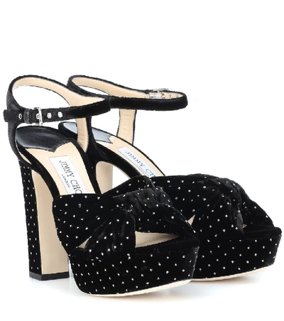 Jimmy Choo Heloise 120 Black Glitter Spotted Velvet Platform Sandals In Black/silver