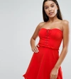 NAANAA CORSET MINI SKATER DRESS WITH LACE UP AND FRILL DETAIL - RED,ED029
