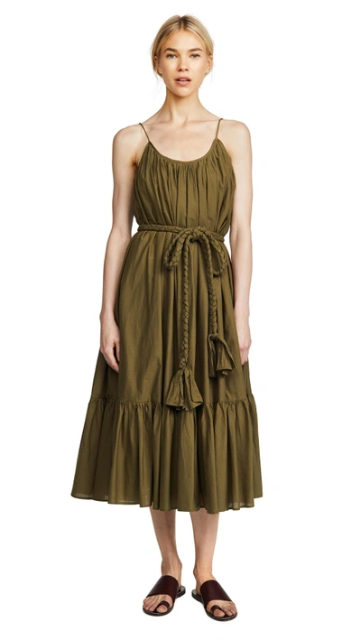 Rhode Lea Belted Pleated Cotton Midi Dress In Army Green