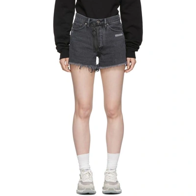 Off-white Logo Slogan Printed Denim Shorts In Dark Grey White