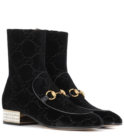 Gucci Horsebit Gg Crystal-embellished Velvet Ankle Boots In Black