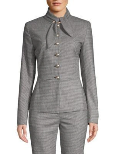 Escada Tie-neck Button-front Mini-houndstooth Jacket In Black-white