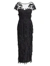 DAVID MEISTER Short Sleeve Embroidered Tassel Lace Gown