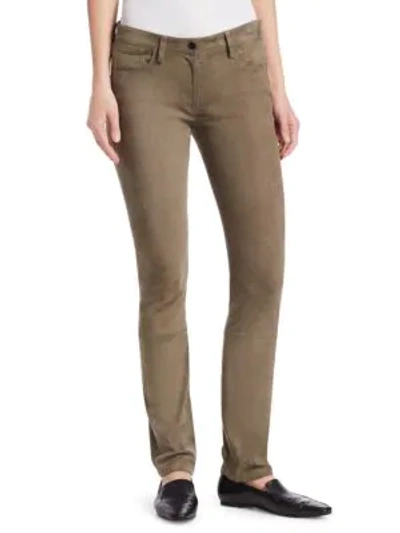 The Row Landly Mid-rise Skinny-leg Suede Trousers In Sage